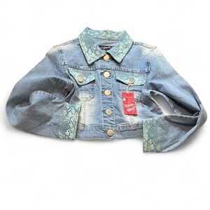 Vintage Y2K Clash‎ Cropped Blue Lace Trimmed Denim Jacket, Girls Size 14/16